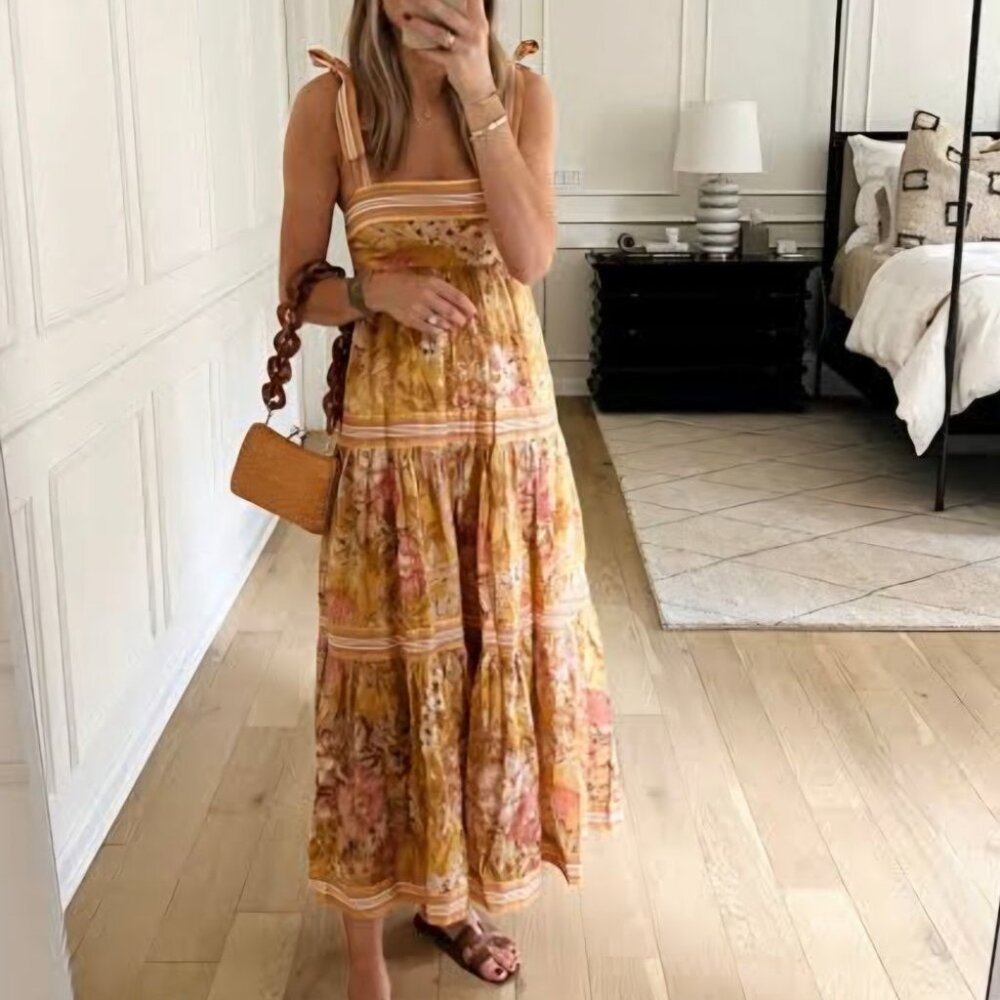 Zimmermann Pattie Tie Shoulder Dress in Mustard Floral AU Size 1